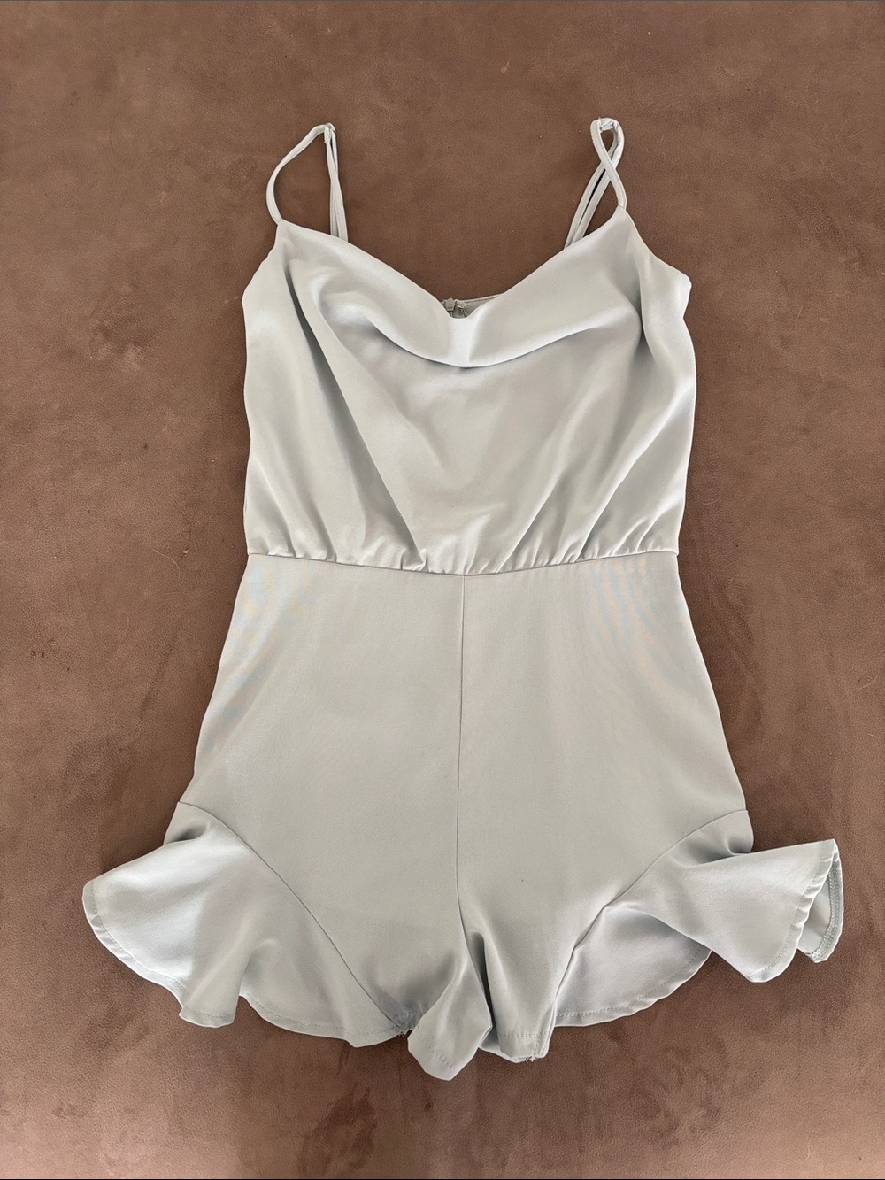 Light Green Satin Cowl Neck Romper with Ruffle Hem